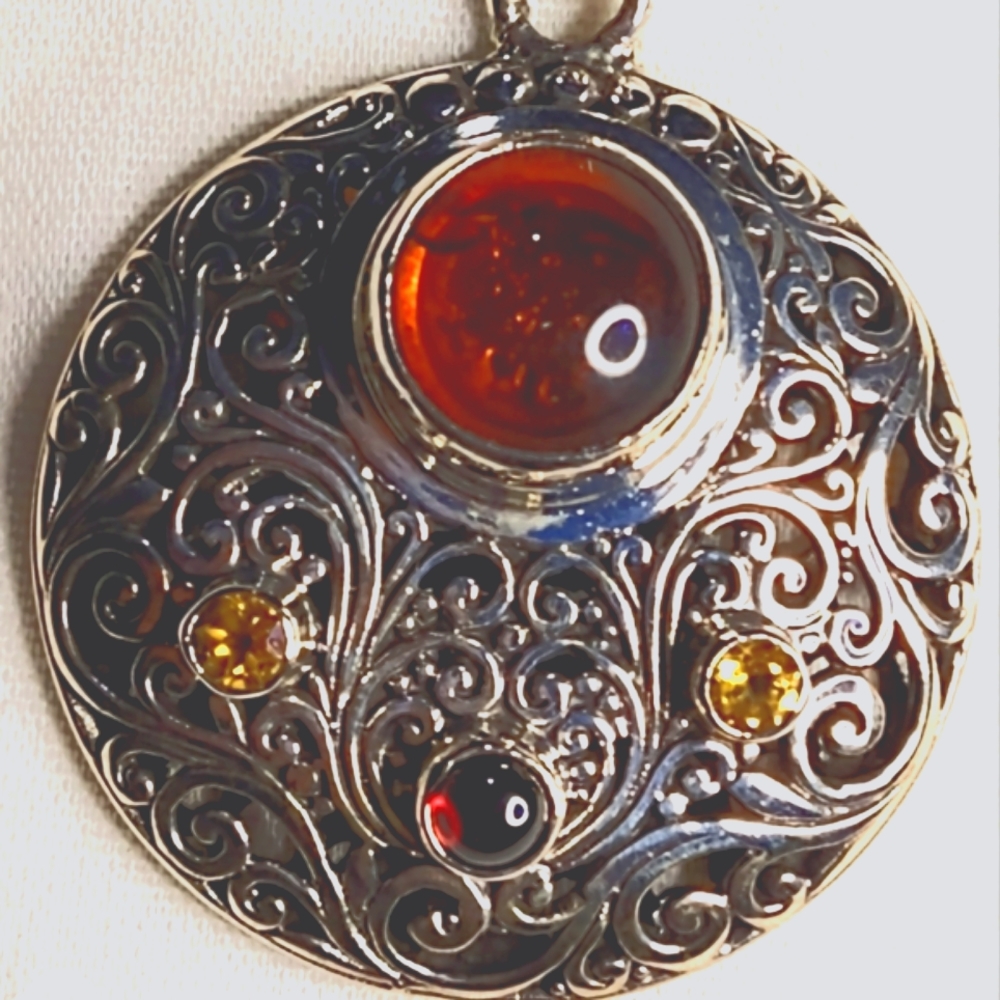BALTIC AMBER/ORISSA GARNET & BRAZILIAN CITRINE. 18"  STERLING CHAIN.